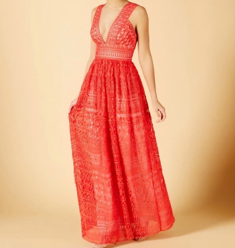 Nicole Miller Allover Eyelet Lace Coral Maxi V-Neck Dress Size 8 NWT